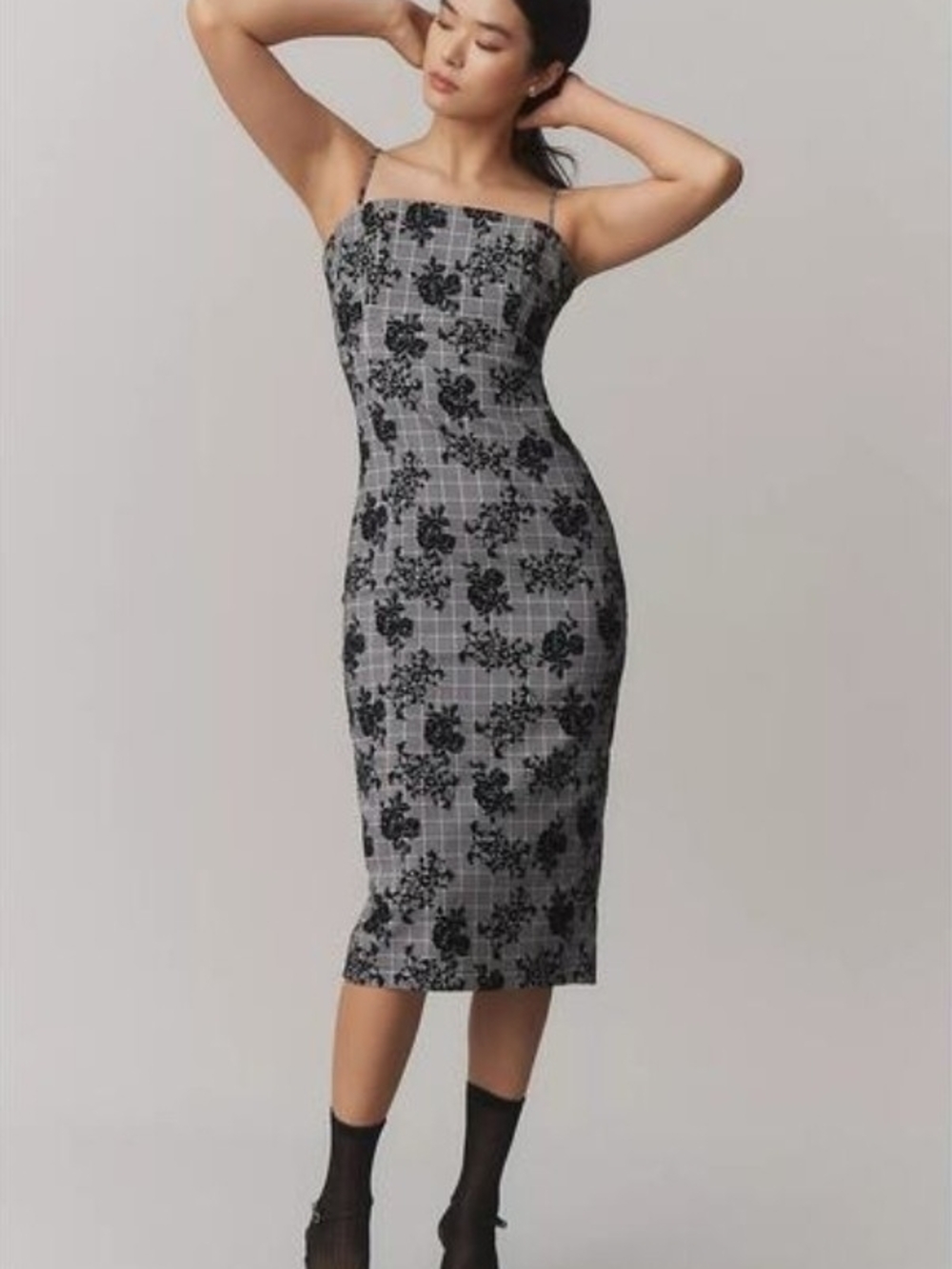 Anthropologie Maeve Slim Patterned Midi Dress Plaid Black Floral Flocked